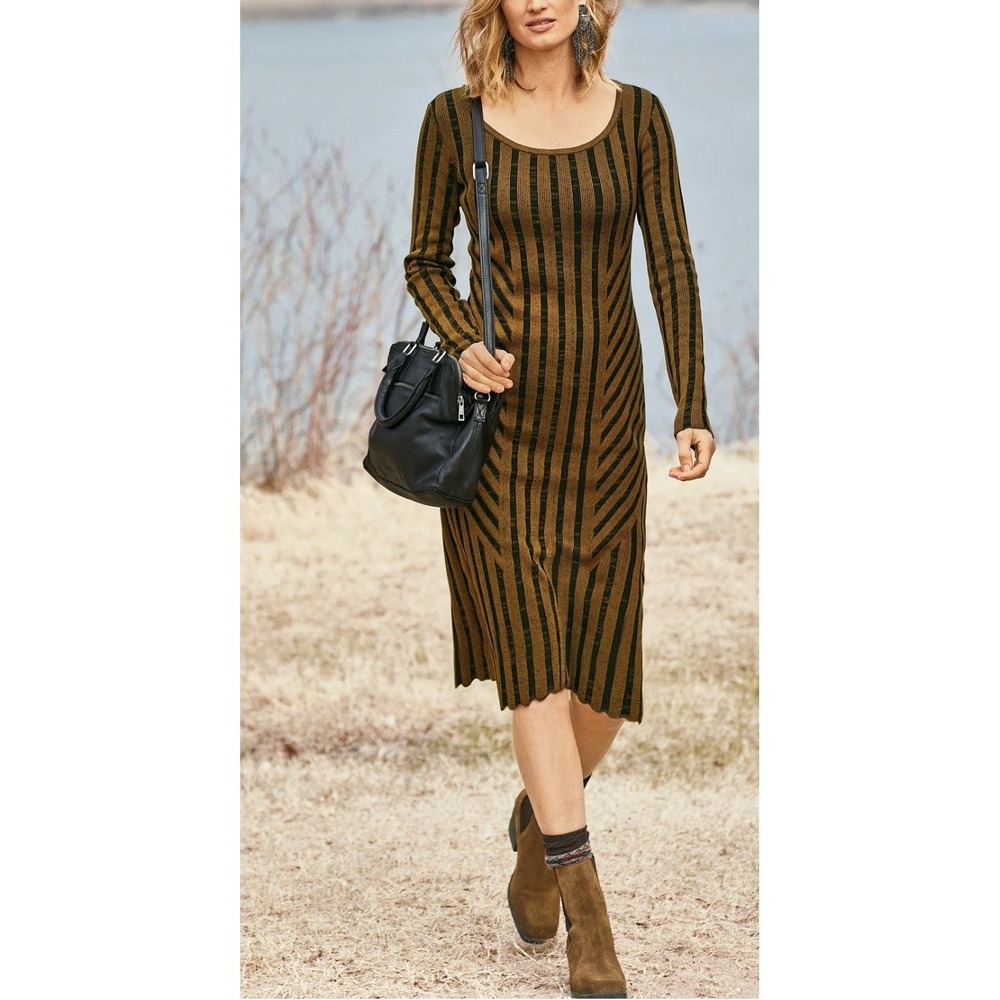 Peruvian Connection Bronze Art Deco Longsleeve Dress Ribbed Pima Cotton Sz L